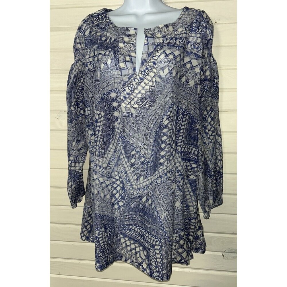 600 West Sz LARGE Blue White Geometric Cold Shoulder Cotton Silk Blouse EUC